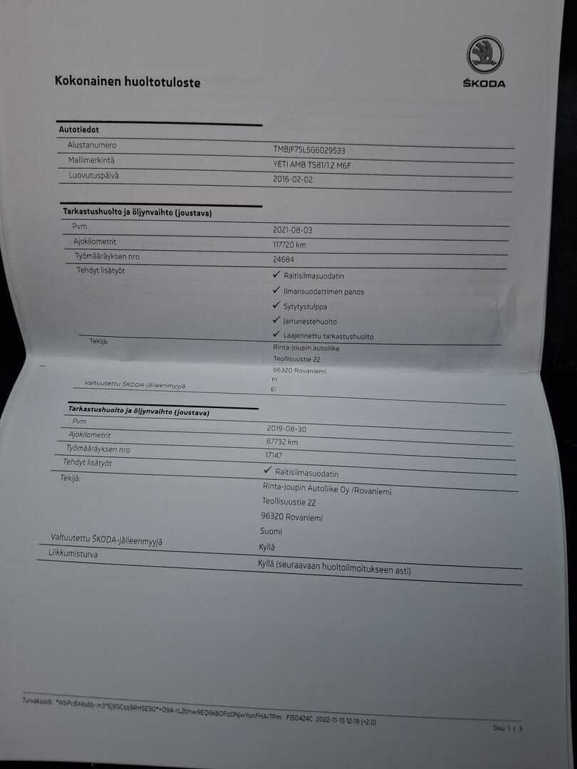 Skoda Yeti 2016 Valkoinen